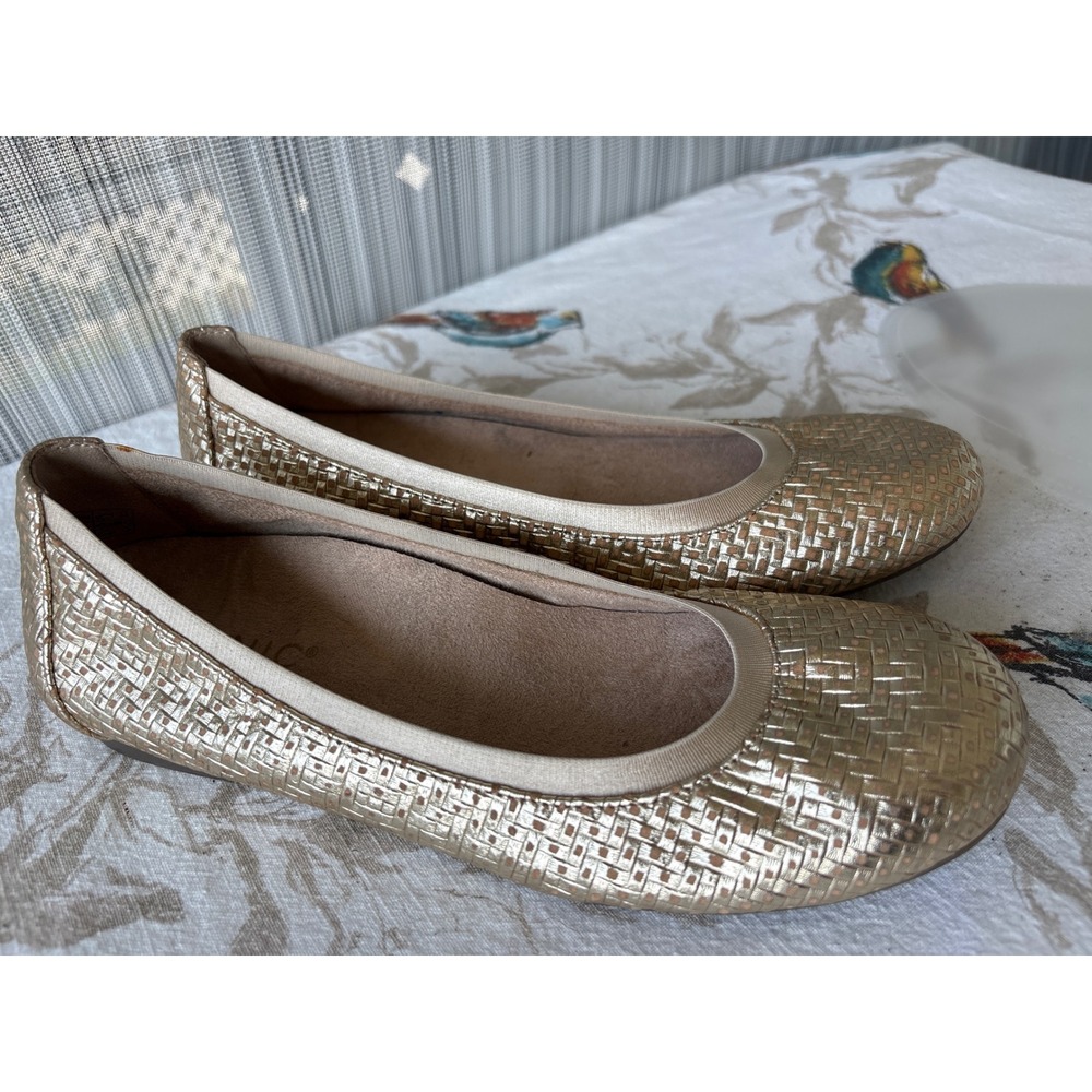 Vionic Anita Gold Metallic Woven Ballet Flats Orthotic Comfort Shoes Womens 6
